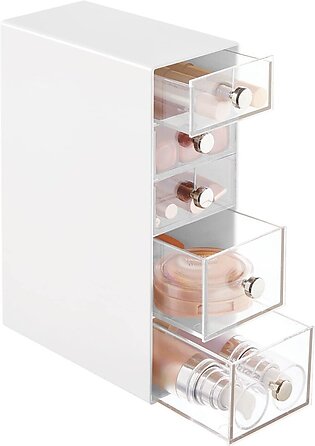 mDesign Plastic 5-Drawer Organizer for cosmetic Storage - 5-Tier Storage Makeup Organizer - Stackable Organization with Pull-Out Drawers for Bathroom, Vanity, or Desk - Lumiere collection, Whiteclear