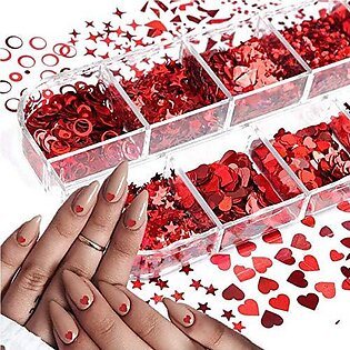 Heart Nail Glitters Star Nail Decals 12 Grids Red Color Nail Glitter Sequins Butterfly Nail Confetti Decals 3D Heart Nail Art Accessories Flakes Leaf Letter For Women Acrylic Nail Art Designs