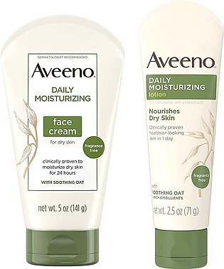 Aveeno Daily Moisturizing Fragrance-Free Face & Neck Cream, Oat Facial Moisturizer for Dry Skin, 5 oz, Daily Moisturizing Body Lotion with Soothing Oat, 2.5 oz, Two Pack