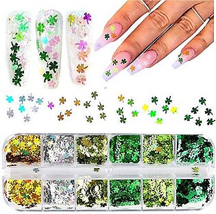 Shamrock Nail Art Sticker Decals Nail Glitter St. Patrick'S Day Clover Shiny 3D Nail Art Supplies Flakes Holographic 12 Grids Colorful Green Glitter Sticker Decals Manicure Acrylic Nail Art Design