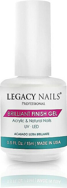 Legacy Nails Brilliant Finish Gel 0.5oz for natural, acrylic, gel, fiberglass, or silk nails. UV or LED gel-curing lamp.