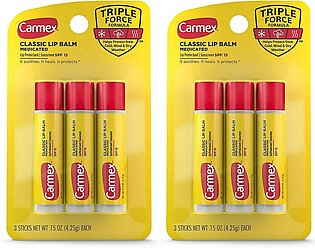 Carmex Medicated Lip Balm Sticks, Lip Moisturizer for Dry, Chapped Lips, 0.15 OZ - 3 Count (2 Pack)