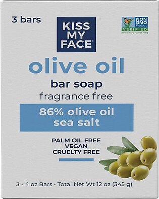 Kiss My Face Olive Oil Fragrance Free Bar Soap, Moisturizing Bar Soap, Cruelty Free Vegan Soap, Palm Oil Free, 4 Oz Per Bar, 3 Pack