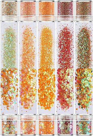 ?????????? 10 Jars Cosmetic Chunky Glitter Orange Red Green Color Mix, Holographic Nail Resin Glitter, Fine Powder+1mm+2mm+3mm Sequins Flakes, Iridescent Art Glitter Set for Body Face Eyes Hair Crafts