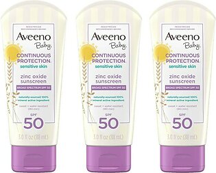 Aveeno Baby continuous Protection Zinc Oxide Mineral Sunscreen Lotion, SPF 50, Unscented, White, 3 fl oz (Pack of 3)