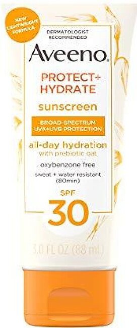 Aveeno Protect + Hydrate Moisturizing Body Sunscreen Lotion With Broad Spectrum Spf 30 & Prebiotic Oat, Weightless & Refreshing Feel, Paraben-Free, Oil-Free, Oxybenzone-Free, 3.0 Ounces