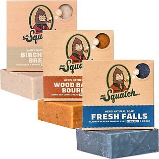 Dr Squatch All Natural Bar Soap For Men, 3 Bar Variety Pack, Wood Barrel Bourbon, Fresh Falls, Birchwood Breeze - Natural Mens Bar Soap