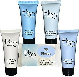 H2O Therapy Hotel Soaps And Toiletries Bulk Set 1-Shoppe All-In-Kit Amenities For Hotels & Airbnb 85Oz Hotel Shampoo & Conditioner, Body Wash, Body Lotion & 1 Oz Bar Soap Travel Size 75 Pieces