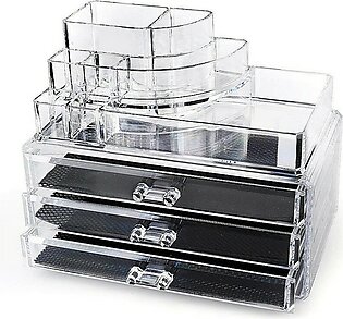 Home-it Clear acrylic makeup organizer cosmetic organizer and Large 3 Drawer Jewerly Chest or makeup storage ideas Case Lipstick Liner Brush Holder make up boxes Organizer measures (10x6x7.7)