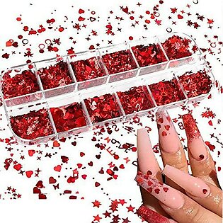 Valentine'S Day Red Heart Holographic Nail Glitter Sequin Accessories 3D Nail Flakes Polish Acrylic Heart Love Letters Design For Women Girls Manicure Tips False Nails Supplies Kit Decorations