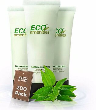 ECO Amenities Travel Size 1oz Body Wash (BULK 200 Pack) - 30ml Bulk Hotel Body Wash Supplies for Guests - Green Tea Scent Eco body wash for woman, Body wash for men, Biodegradable Container