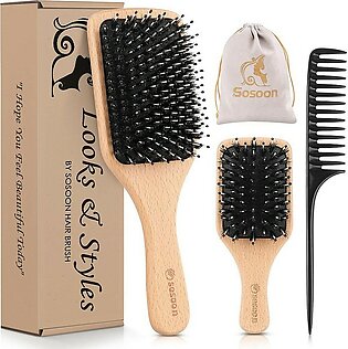 Hair Brush, 2 Pack Boar Bristle Paddle Hairbrush For Women Men Kids Reducing Frizzy, No More Tangle, Small Travel Brush Tail Comb Giftbox Included