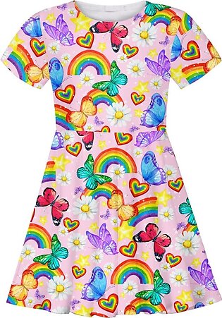 Raisevern Toddler Girl Dress Rainbow Butterflies Print T Shirt Dresses Short Sleeve Casual Sundress Summer Holiday Birthday Swing Little Kids Theme Party Twirly Skirt 8-9 Years Pink