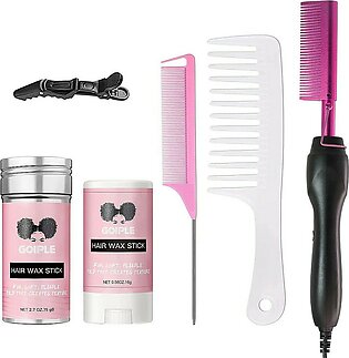 Electric Hot Comb Pink Hair Straightener Electrical Straightening Comb Curling Iron For Natural Black Hair Wigs With Wide Tooth Comb, Rat Tail Comb, Wax Stick