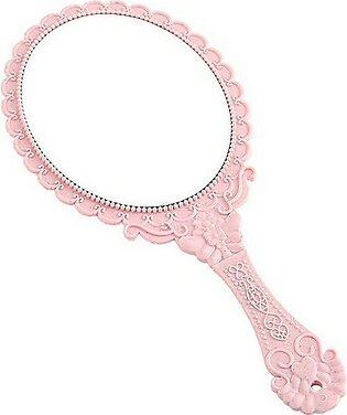 Dzrige Handheld Mirror Vintage Pattern Handle Makeup Mirror Hand Held Travel Mirror Personal Cosmetic Mirror with Powder Puff (Pink)