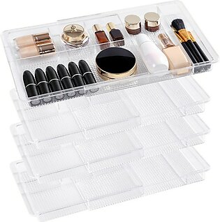 Oubonun Expandable Drawer Organizer 11.1 to 19.2 Width, Shallow Cosmetic Organizer 1.3 Height, 4 Packs, Clear Plastic Storage Trays with 7 Compartments for Dressing Table,Bathroom,and Office Desk.