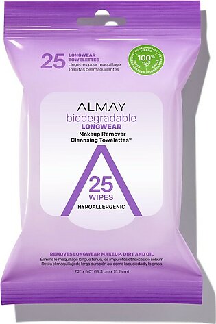 Face Makeup Remover Wipes by Almay, Longwear & Waterproof, Hypoallergenic, Fragrance Free, Dermatologist & Ophthalmologist Tested, 25 Count (Pack of 1)