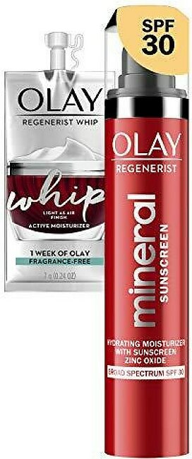 Olay Regenerist Mineral Sunscreen Face Moisturizer, Zinc Oxide, Spf 30, 1.7 Oz + Whip Face Moisturizer Travel/Trial Size Bundle