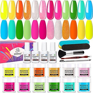 Rednee 21 Pcs Dip Powder Nail Kit Starter - 12 Sharp Neon Colors Quick Dry Dipping Powder Essential Kit With Everything Needed For Nail Art Design Re37