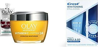 Olay Regenerist Vitamin C + Peptide 24 Brightening Face Moisturizer + Travel Size Whip Face Moisturizer And Crest Whitening Emulsions Leave-On Teeth Whitening Kit With Applicator (0.88 Oz)