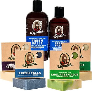 Dr. Squatch Mens Bar Soap Fresh Expanded Pack: Mens Natural Bar Soap: Fresh Falls, Cool Fresh Aloe, Spearmint Basil, Eucalyptus Greek Yogurt, And Fresh Falls Hair Care Shampoo And Conditioner