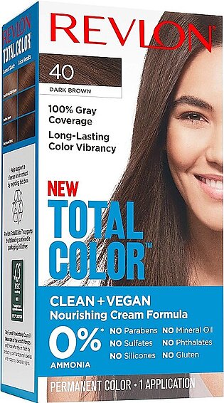 Permanent Hair Color by Revlon, Permanent Hair Dye, Total Color with 100% Gray Coverage, Clean & Vegan, 40 Dark Brown, 3.5 Oz