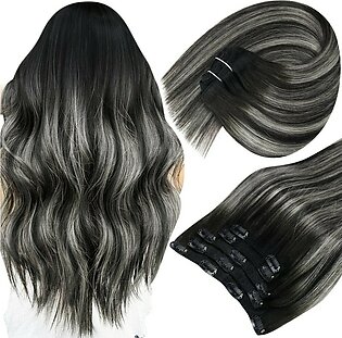 Sunny clip in Hair Extensions Black Ombre grey clip in Human Hair Extensions Double Weft Black grey Ombre Human Hair clip in Extensions Balayage Straight Hair 12inch 5pcs 70g