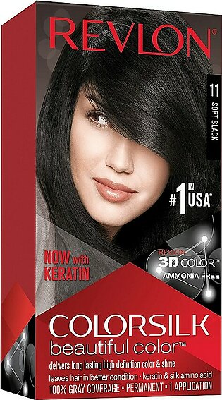 Permanent Hair Color by Revlon, Permanent Hair Dye, Colorsilk with 100% Gray Coverage, Ammonia-Free, Keratin and Amino Acids, 11 Soft Black, 4.4 Oz (Pack of 1)