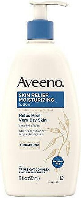 Aveeno Skin Relief Fragrance-Free Moisturizing Lotion For Sensitive Skin, With Natural Shea Butter & Triple Oat Complex, Unscented Therapeutic Body Lotion For Itchy, Extra-Dry Skin, 18 Fl. Oz