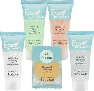 Terra Pure Eco Botanics Hotel Soaps and Toiletries Bulk Set | 1-Shoppe All-In-Kit Amenities for Hotels | .85oz Shampoo & Conditioner, Body Wash, Body Lotion & 0.89oz Bar Soap Travel Size | 75 Pieces