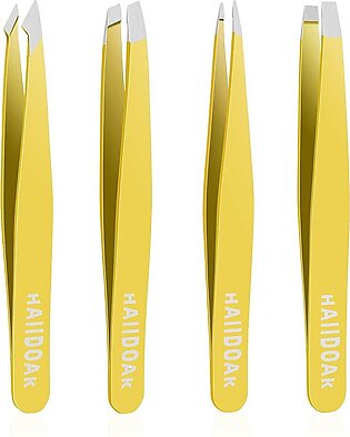 Tweezers Set, Professional Stainless Steel Tweezers For Eyebrows, Great Precision For Facial Hair, Splinter And Ingrown Hair Removal (4 Count 38Inch, Yellow)