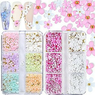 3D Flower Nail Charms, 2 Boxes 3D Acrylic Flower Nail Art Rhinestones White Pink Mixed Cherry Blossom Spring Acrylic Nail Supplies With Pearls Manicure Diy Nail Decorations