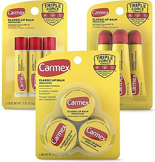 Carmex Medicated Lip Balm Variety Pack, Lip Moisturizer for Dry, Chapped Lips: Carmex Classic Sticks 0.15oz, 3 count, Carmex Classic Tubes 0.35oz, 3 count, Carmex Classic Jars 0.25oz, 3 count