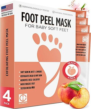 Hicream Foot Peel Mask- 4 Pairs Of Regular Skin Exfoliating Foot Mask For Cracked Heels, Dead Skin Calluses , Removes Repairs Rough Heels, Dry Toe Skin , Peach Scent