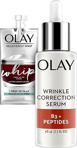 Olay Collagen Peptides Wrinkle Correction Serum, 1.3 Fl Oz + Whip Face Moisturizer Travel/Trial Size Bundle