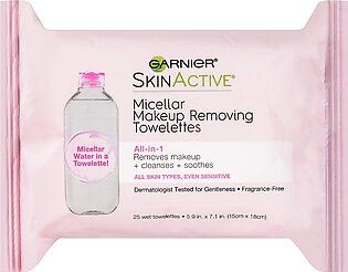 Garnier SkinActive Micellar Facial Cleanser & Makeup Remover Wipes, Gentle for All Skin Types (25 Wipes), 1 Count (Packaging May Vary)
