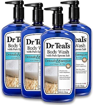Dr Teal's Body Wash With Pure Epsom Salt, Detoxify & Energize With Ginger & Clay, 24 fl oz (Pack of 4) (Packaging May Vary)