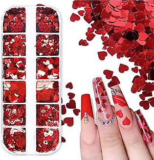 Red Heart Nail Art Glitter Valentine'S Day 3D Holographic Sparkly Love Heart Nail Sequins Hearts Nail Supplies 12 Grid For Acrylic Nail Charms Valentine Day Nail Decorations (Glitter 1)