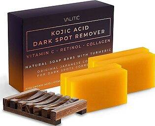 Valitic Kojic Acid Dark Spot Remover Soap Bar With Vitamin C, Retinol, Collagen, Turmeric - Original Japanese Complex - Hyaluronic Acid, Vitamin E, Shea Butter, Castile Oil ( 4 Pack ) With Soap Holder