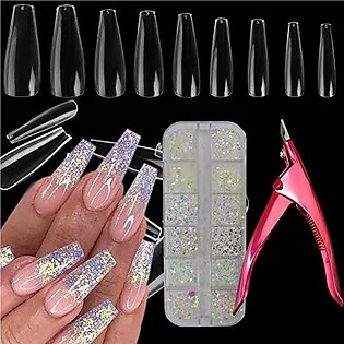 Loveourhome 500Pc Clear Coffin Fake False Nails Ballerina Acrylic Nail Tips Full Cover 10 Sizes With Clipper Scissors Iridescent Glitter Flakes Supplies Kit For Manicure Fingernail Designs