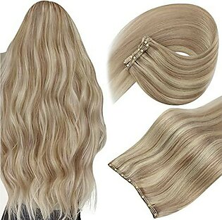 Sunny Beaded Weft Hair Extensions Ash Blonde Highlighted Bleach Blonde Beaded in Weft Human Hair Extensions Blonde Highlight Double Micro Weft Hair Extensions Silky and Smooth 50g 22Inch