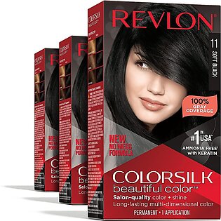 Permanent Hair Color by Revlon, Permanent Hair Dye, Colorsilk with 100% Gray Coverage, Ammonia-Free, Keratin and Amino Acids, 11 Soft Black, 4.4 Oz (Pack of 3)