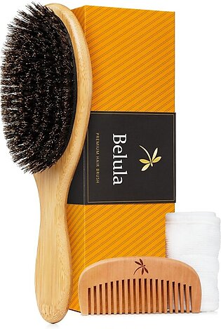 Belula 100% Boar Bristle Hair Brush Set (Medium) Soft Natural Bristles for Thin and Fine Hair Restore Shine And Texture Wooden comb, Travel Bag and Spa Headband Included