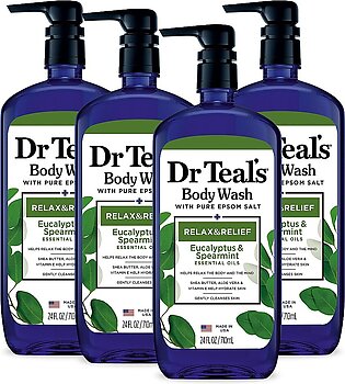 Dr Teal's Body Wash with Pure Epsom Salt, Relax & Relief with Eucalyptus & Spearmint, 24 fl oz (Pack of 4) (Packaging May Vary)