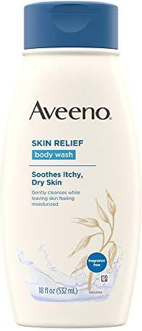 Aveeno Skin Relief Fragrance-Free Moisturizing Body Wash With Oat To Soothe Itchy, Dry Skin, Gentle & Unscented Daily Cream Body Cleanser, Soap-Free & Dye-Free For Sensitive Skin, 18 Fl. Oz