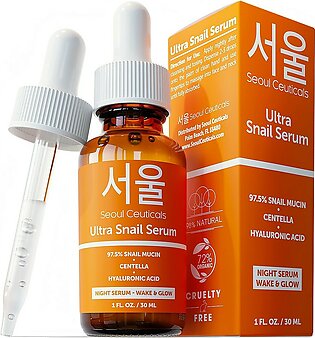 SeoulCeuticals Korean Skin Care 97.5% Snail Mucin Serum - Korean Beauty Skincare Night Serum Hyaluronic Acid for Face Contains K Beauty Snail + Centella Asiatica - Potent Anti Wrinkle Serum 1oz
