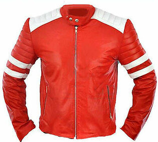 Red moto style jacket with white patches