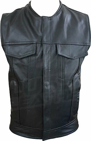 Collarless "Club Rider" Motorcycle leather Vest with zippered lining for patches