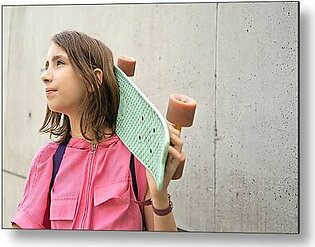 Portrait Of Teenage Girl Outdoors Carrying Skateboard Metal Print