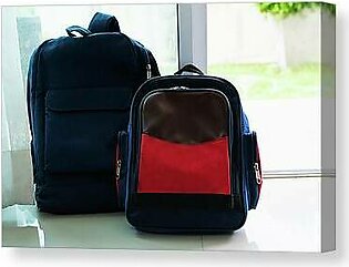 Back To School Concept. Blue  Backpack Lean On The Glass Door Fo #1 Canvas Print